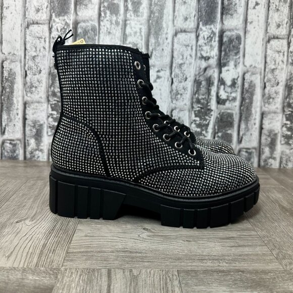 Madden MNYC Women size 8.5 Chucky Combat Black Rhinestone Boots - Picture 1 of 9